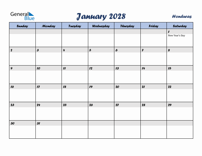 January 2028 Calendar with Holidays in Honduras