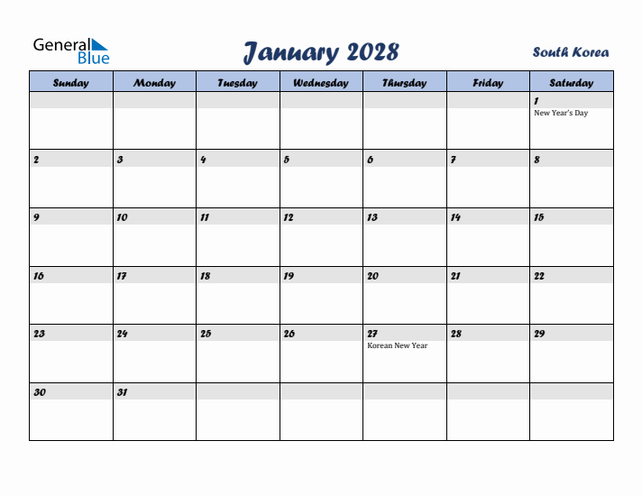 January 2028 Calendar with Holidays in South Korea