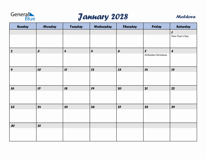 January 2028 Calendar with Holidays in Moldova