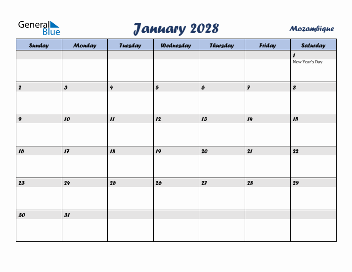 January 2028 Calendar with Holidays in Mozambique