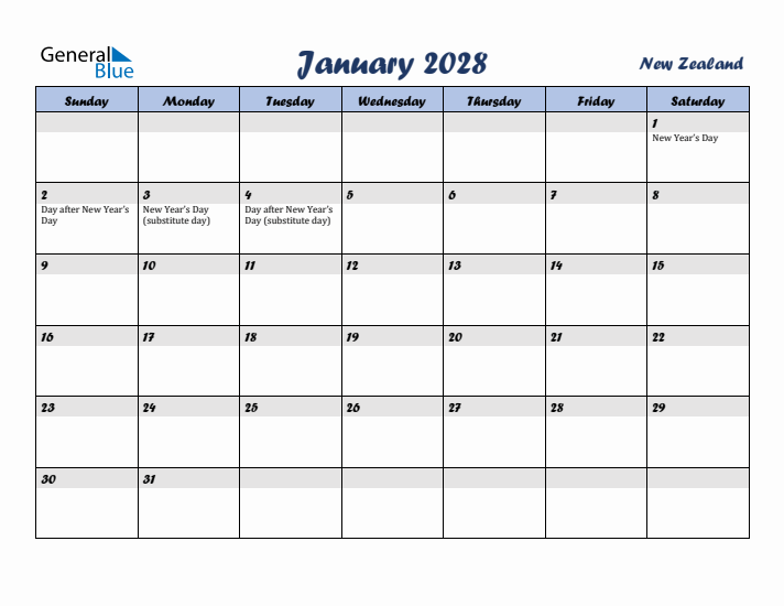 January 2028 Calendar with Holidays in New Zealand