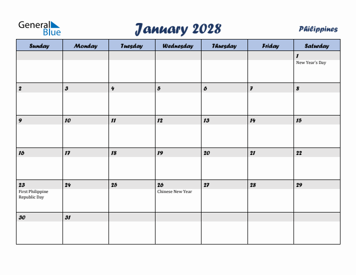 January 2028 Calendar with Holidays in Philippines