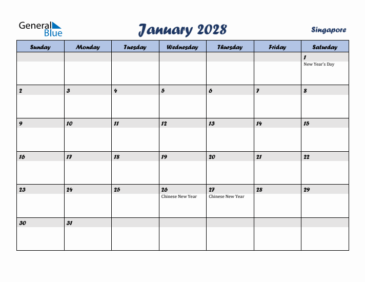January 2028 Calendar with Holidays in Singapore