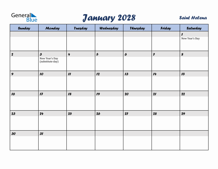 January 2028 Calendar with Holidays in Saint Helena