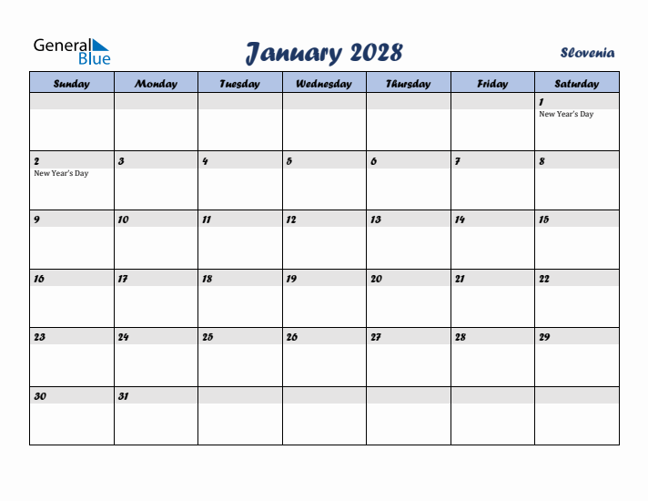 January 2028 Calendar with Holidays in Slovenia