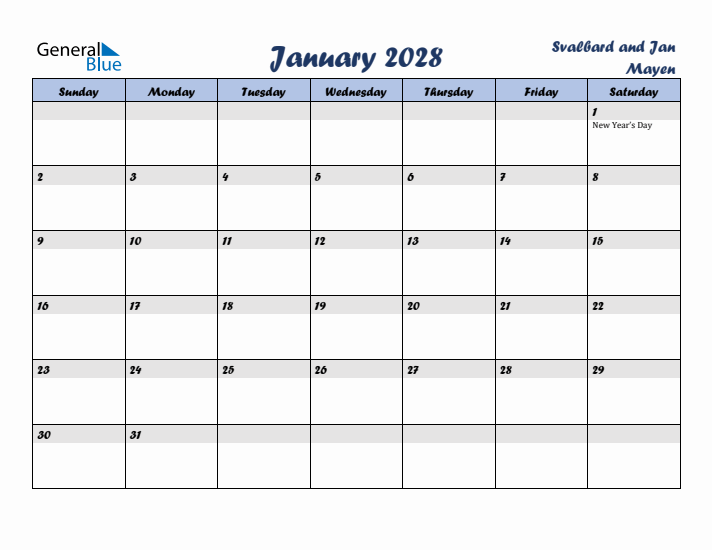 January 2028 Calendar with Holidays in Svalbard and Jan Mayen
