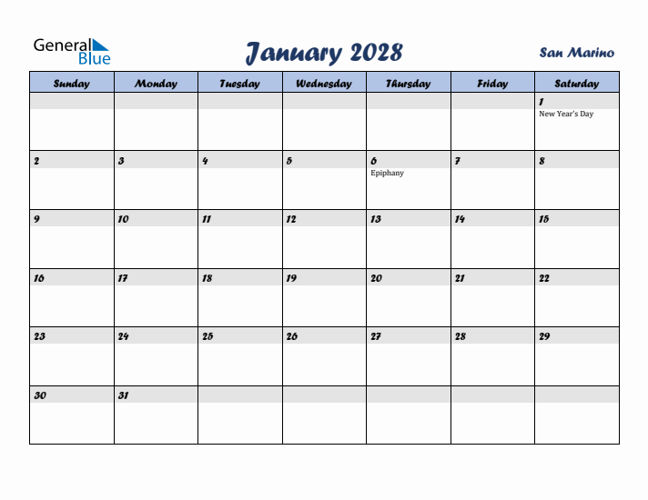 January 2028 Calendar with Holidays in San Marino