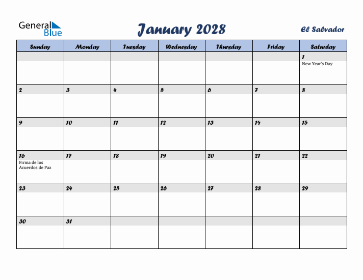January 2028 Calendar with Holidays in El Salvador