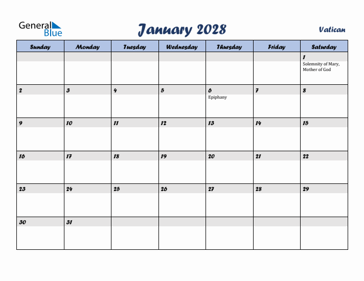 January 2028 Calendar with Holidays in Vatican