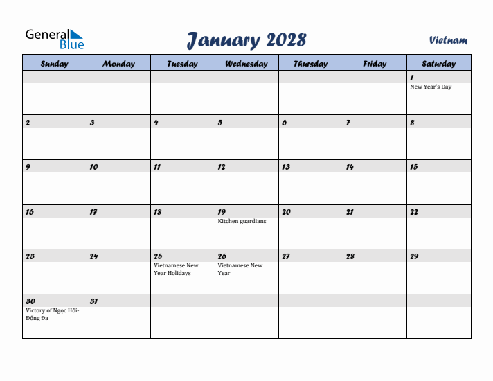 January 2028 Calendar with Holidays in Vietnam