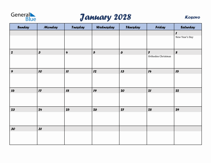 January 2028 Calendar with Holidays in Kosovo