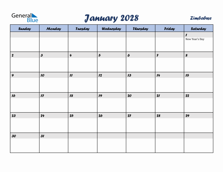January 2028 Calendar with Holidays in Zimbabwe