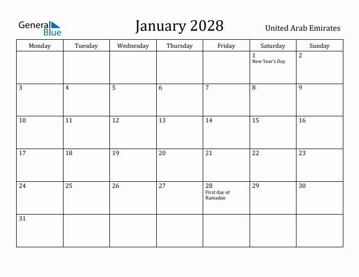 January 2028 Calendar United Arab Emirates