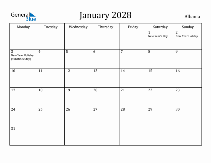 January 2028 Calendar Albania