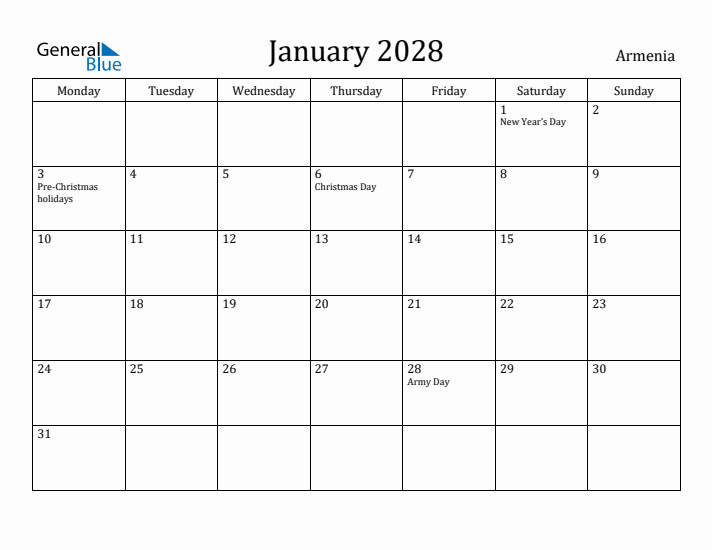 January 2028 Calendar Armenia