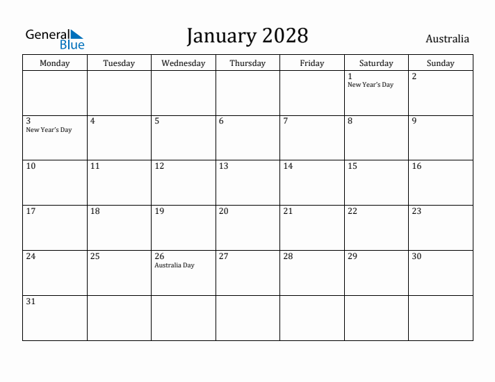 January 2028 Calendar Australia