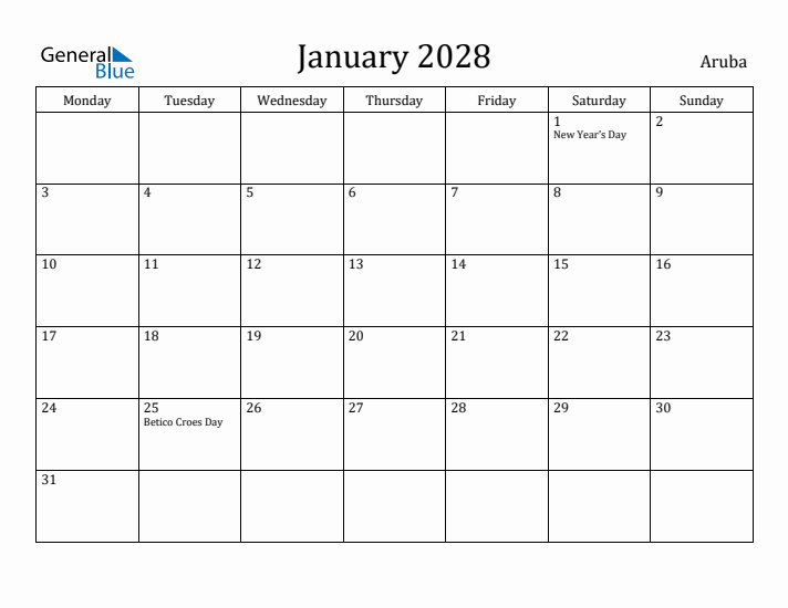 January 2028 Calendar Aruba