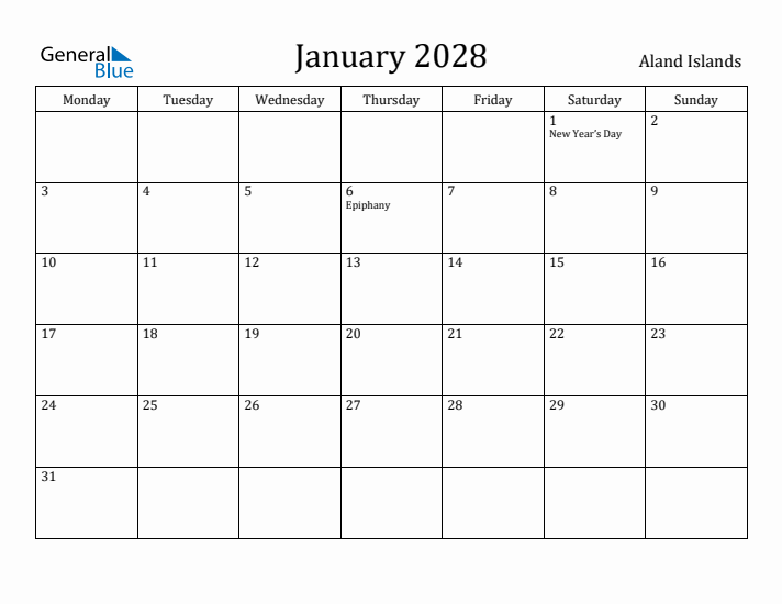 January 2028 Calendar Aland Islands