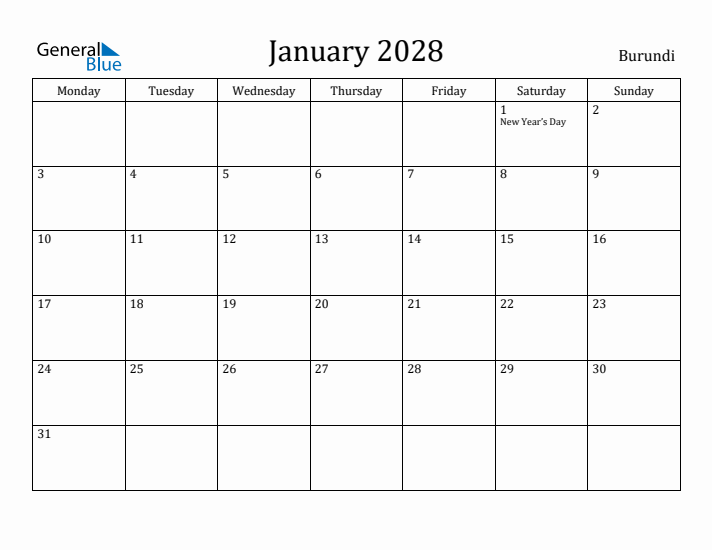 January 2028 Calendar Burundi