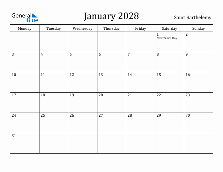 January 2028 Calendar Saint Barthelemy