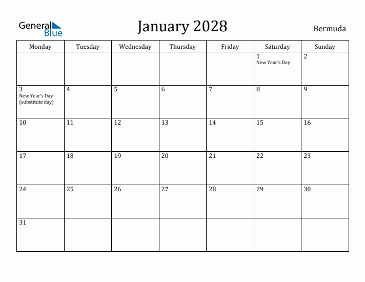 January 2028 Calendar Bermuda