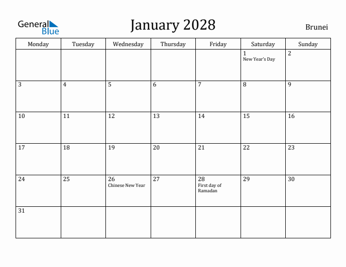 January 2028 Calendar Brunei