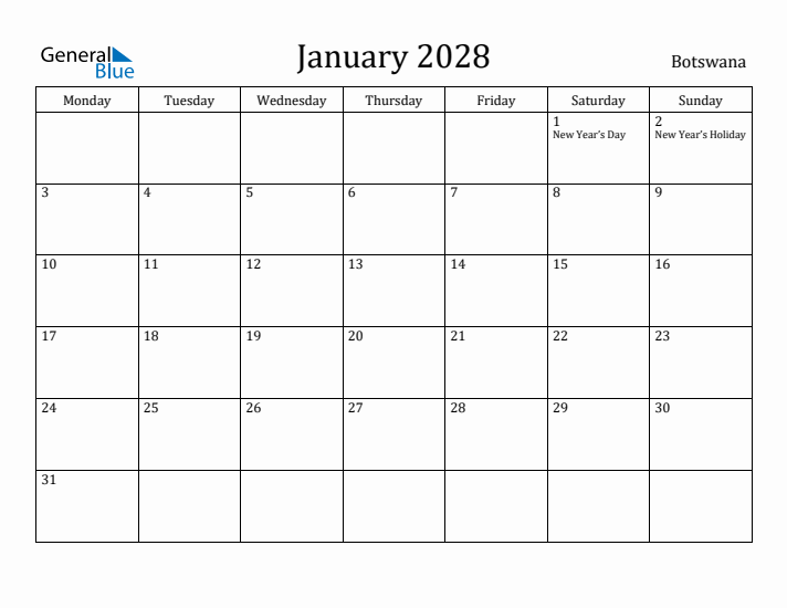January 2028 Calendar Botswana
