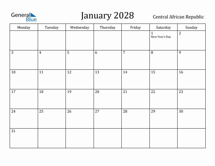 January 2028 Calendar Central African Republic