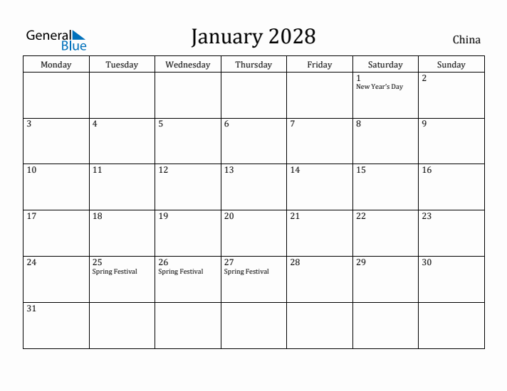January 2028 Calendar China