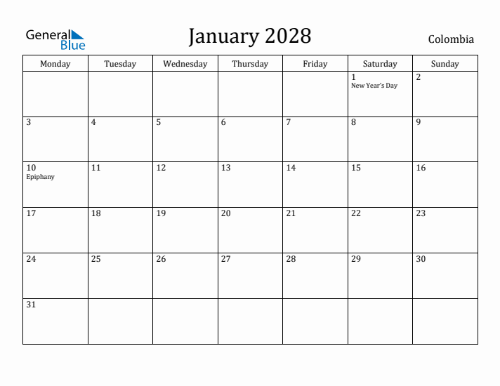 January 2028 Calendar Colombia