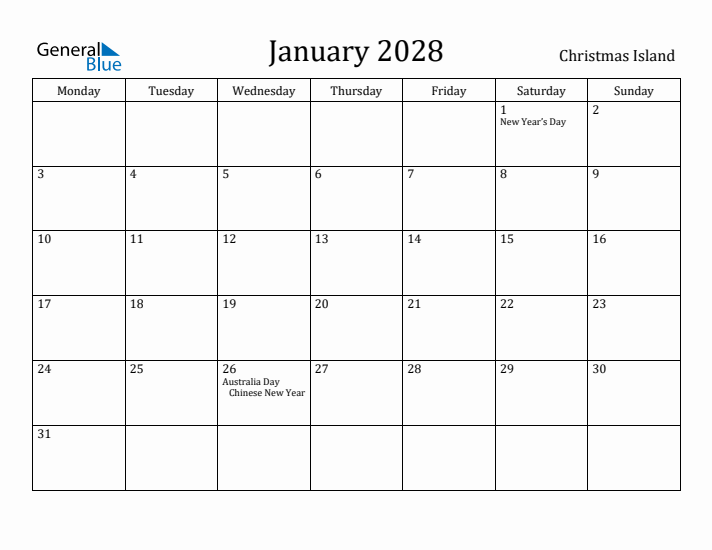 January 2028 Calendar Christmas Island