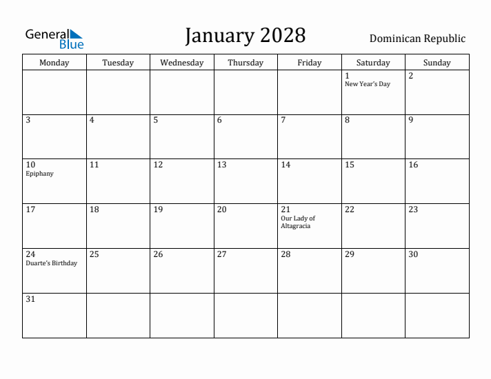January 2028 Calendar Dominican Republic