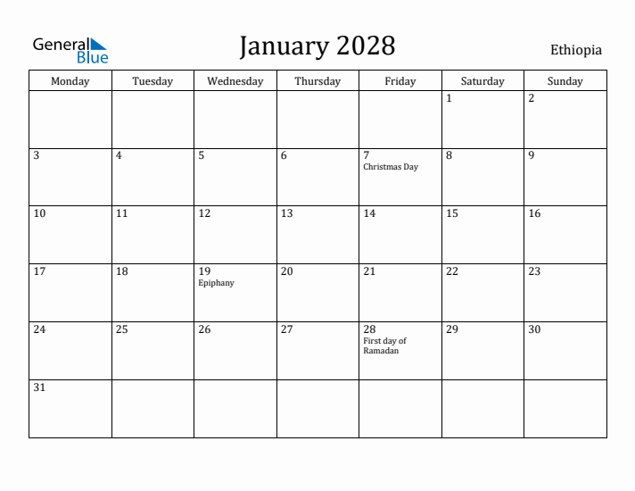 January 2028 Calendar Ethiopia