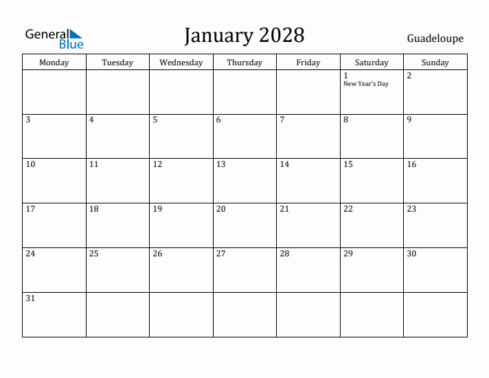 January 2028 Calendar Guadeloupe