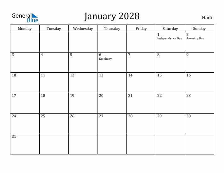 January 2028 Calendar Haiti