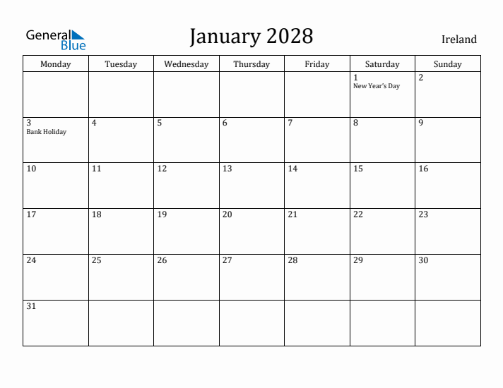 January 2028 Calendar Ireland
