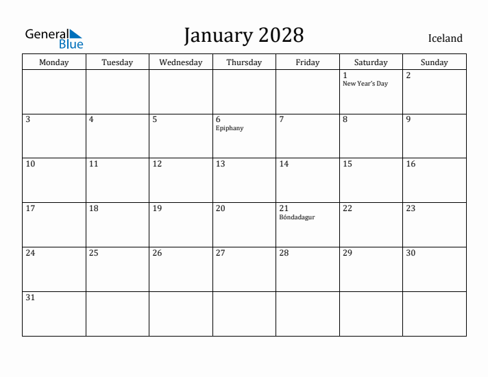 January 2028 Calendar Iceland