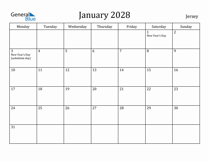 January 2028 Calendar Jersey