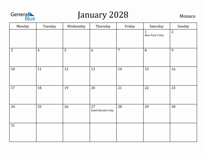 January 2028 Calendar Monaco