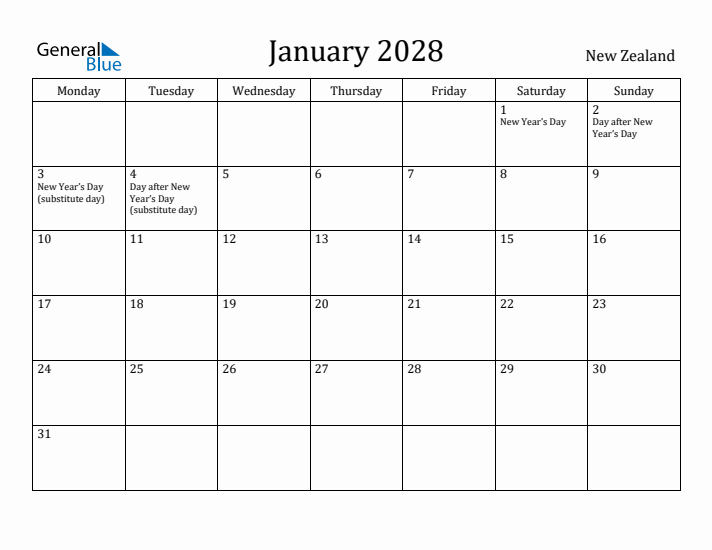January 2028 Calendar New Zealand