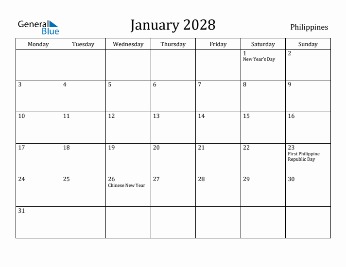 January 2028 Calendar Philippines