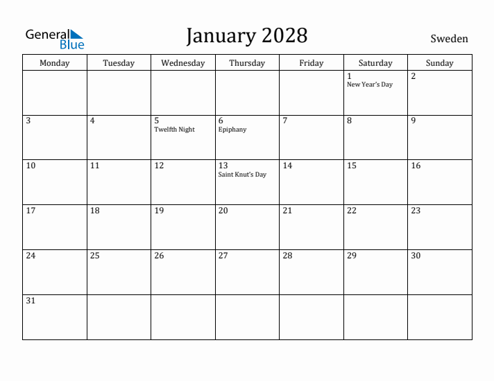 January 2028 Calendar Sweden