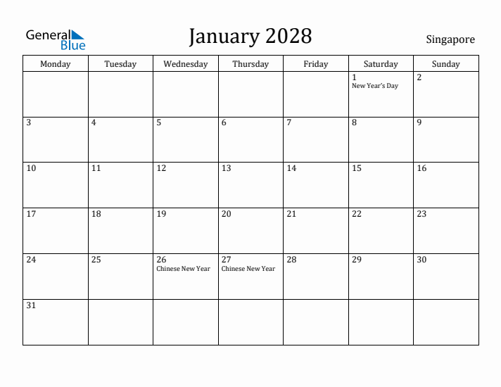 January 2028 Calendar Singapore