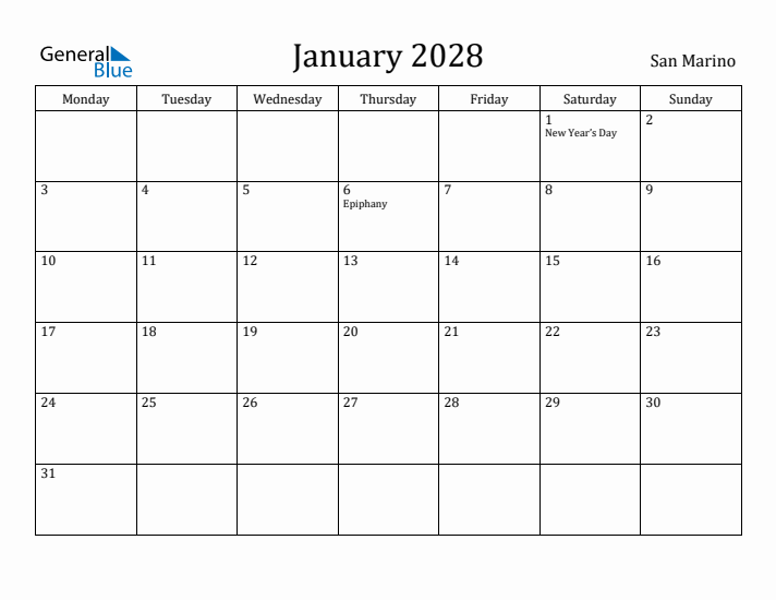 January 2028 Calendar San Marino