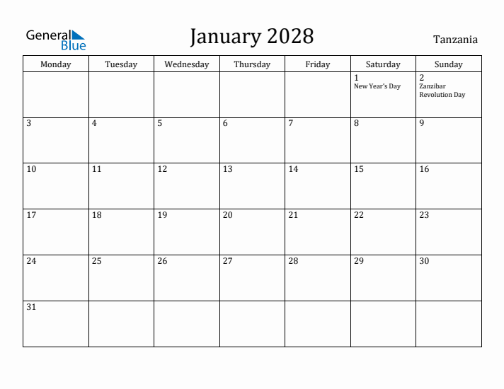 January 2028 Calendar Tanzania