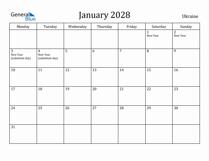 January 2028 Calendar Ukraine