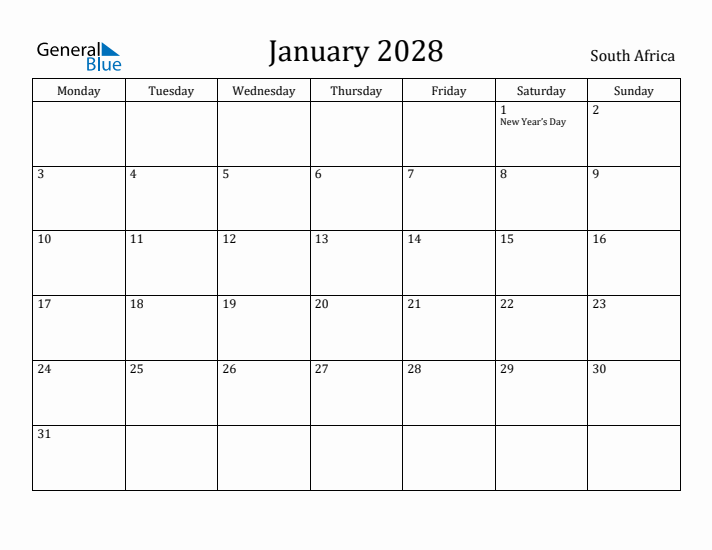 January 2028 Calendar South Africa