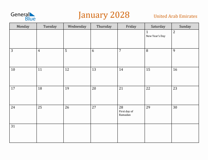 January 2028 Holiday Calendar with Monday Start