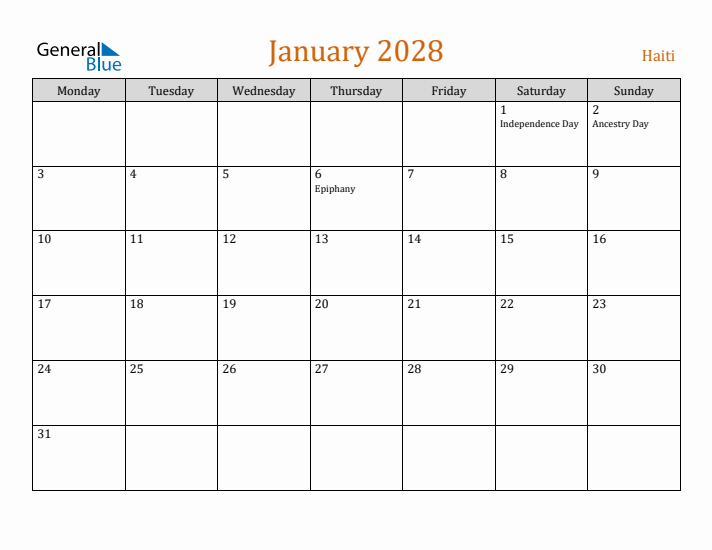 January 2028 Holiday Calendar with Monday Start