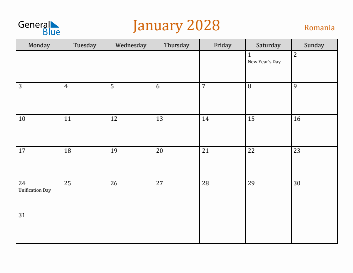 January 2028 Holiday Calendar with Monday Start